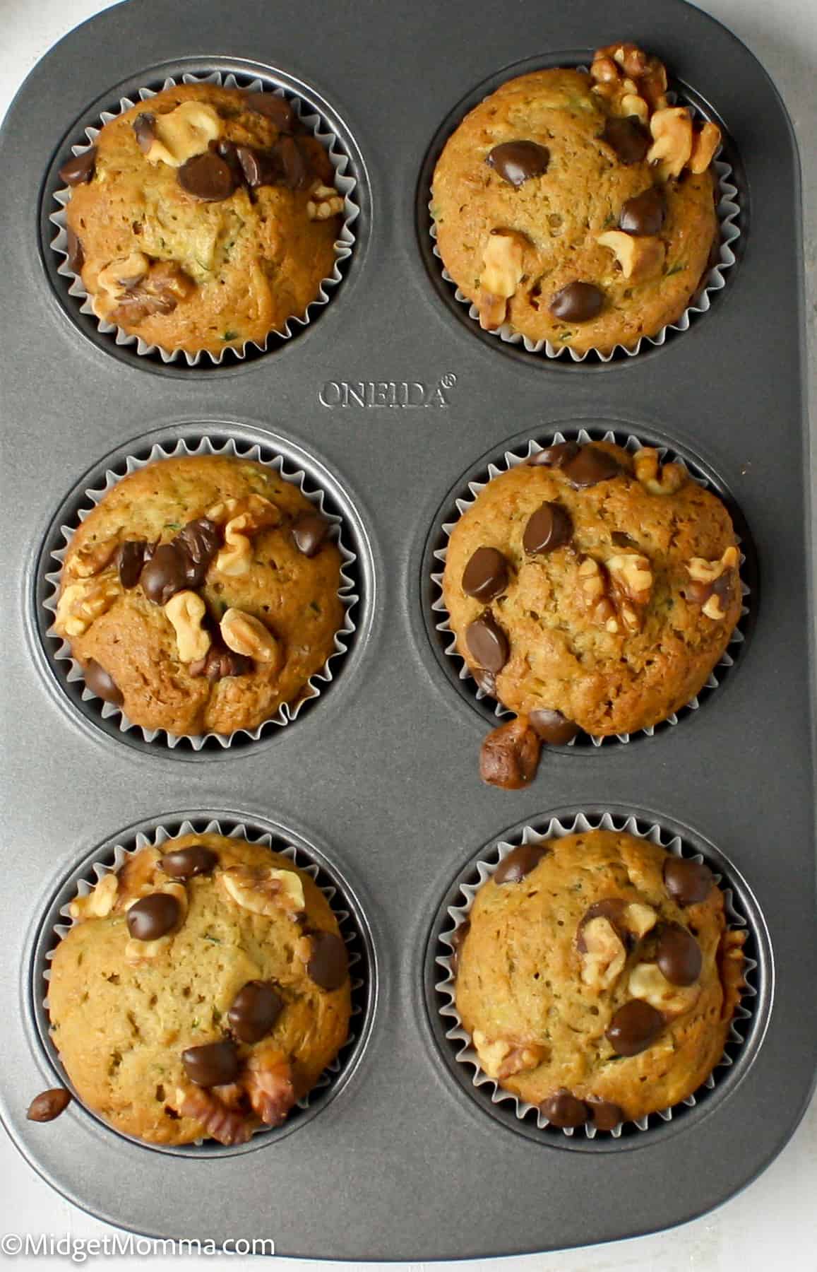 Chocolate Chip Zucchini muffins in a muffin tin