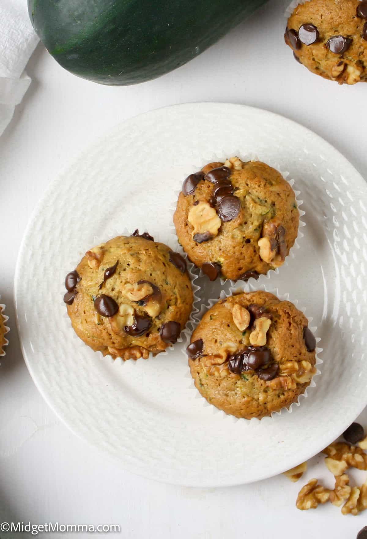 overhead photo of Chocolate Chip Zucchini muffins on a plate