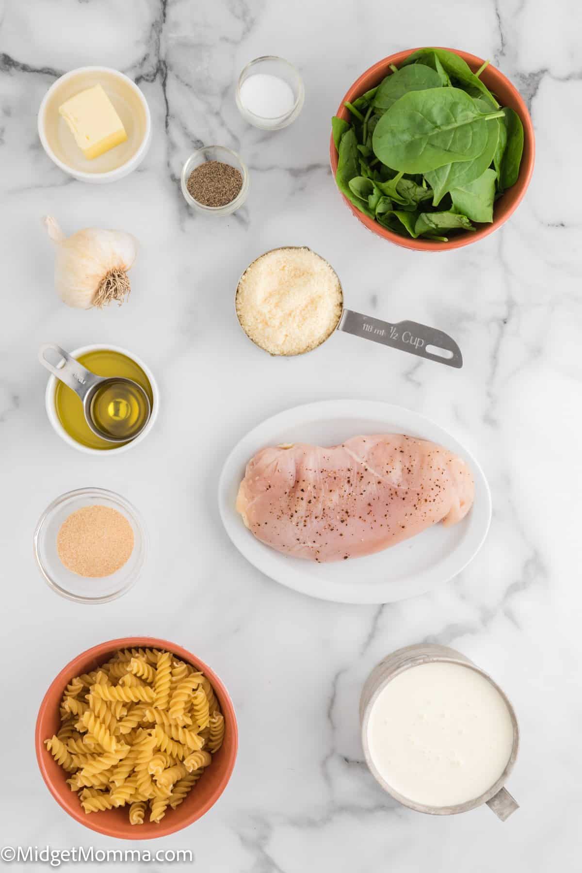 Creamy Garlic chicken pasta with spinach ingredients