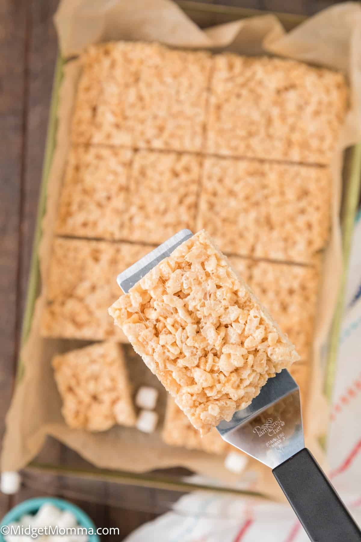 close up photo of Rice Krispie Treat on a spatula 
