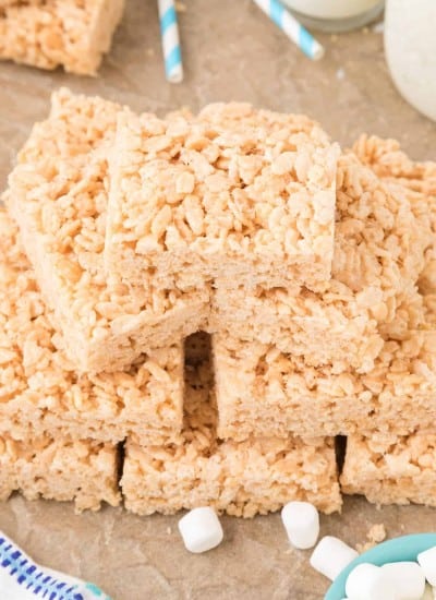 stack of fresh made rice krispie treat cereal bars