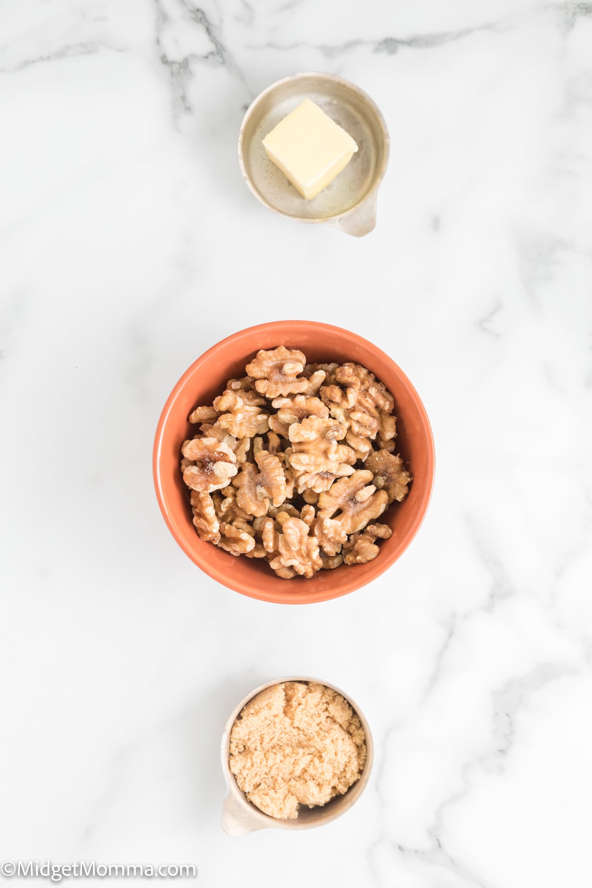 Candied Walnuts Recipe ingredients - butter, brown sugar. and walnuts