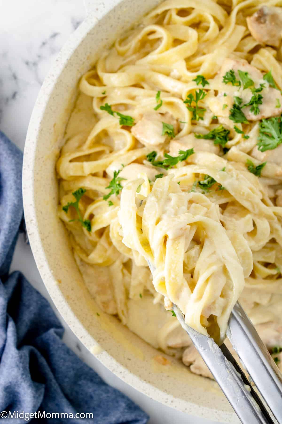 over head photo of Creamy Chicken Alfredo Pasta Recipe in a pot