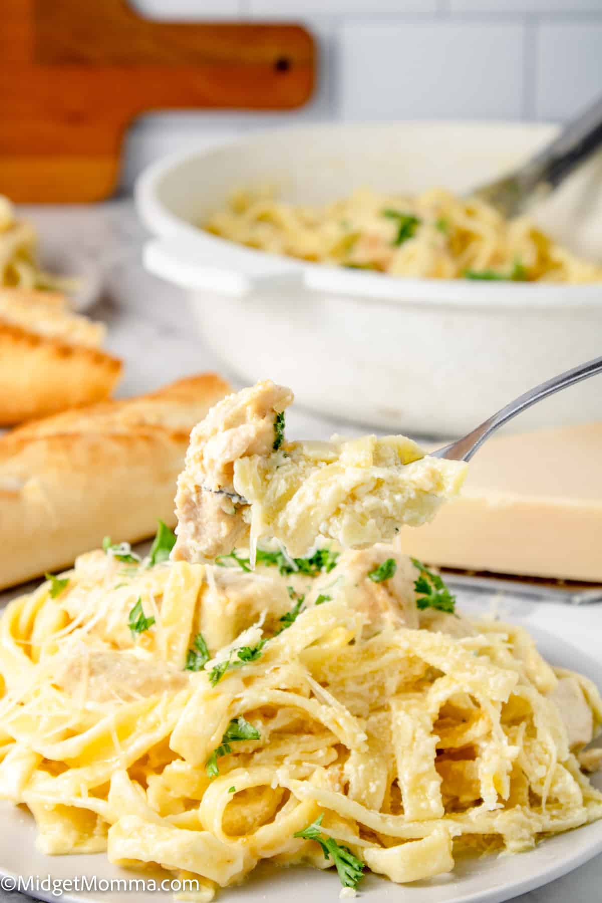 Creamy Chicken Alfredo Pasta on a fork