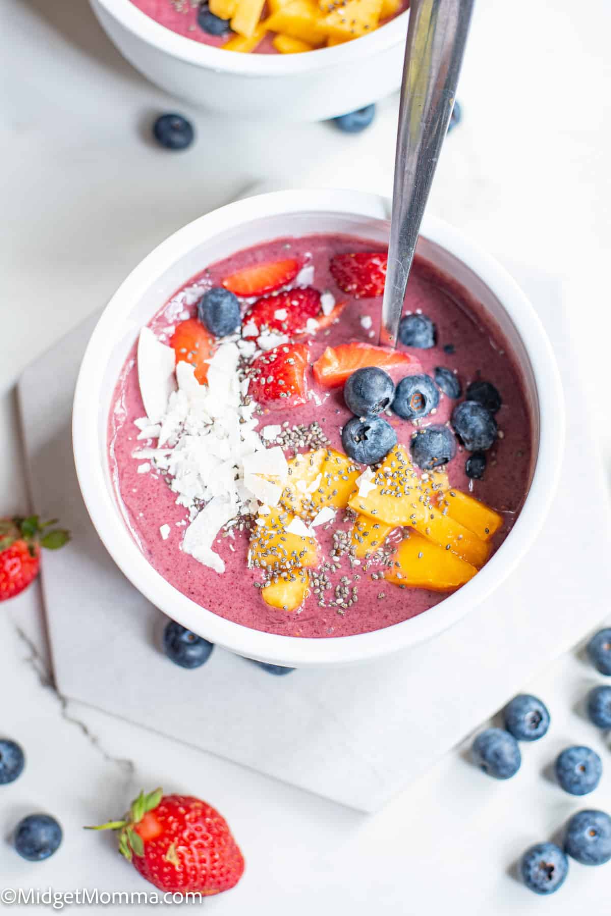 Acai Smoothie Bowl with a spoon in the smoothie
