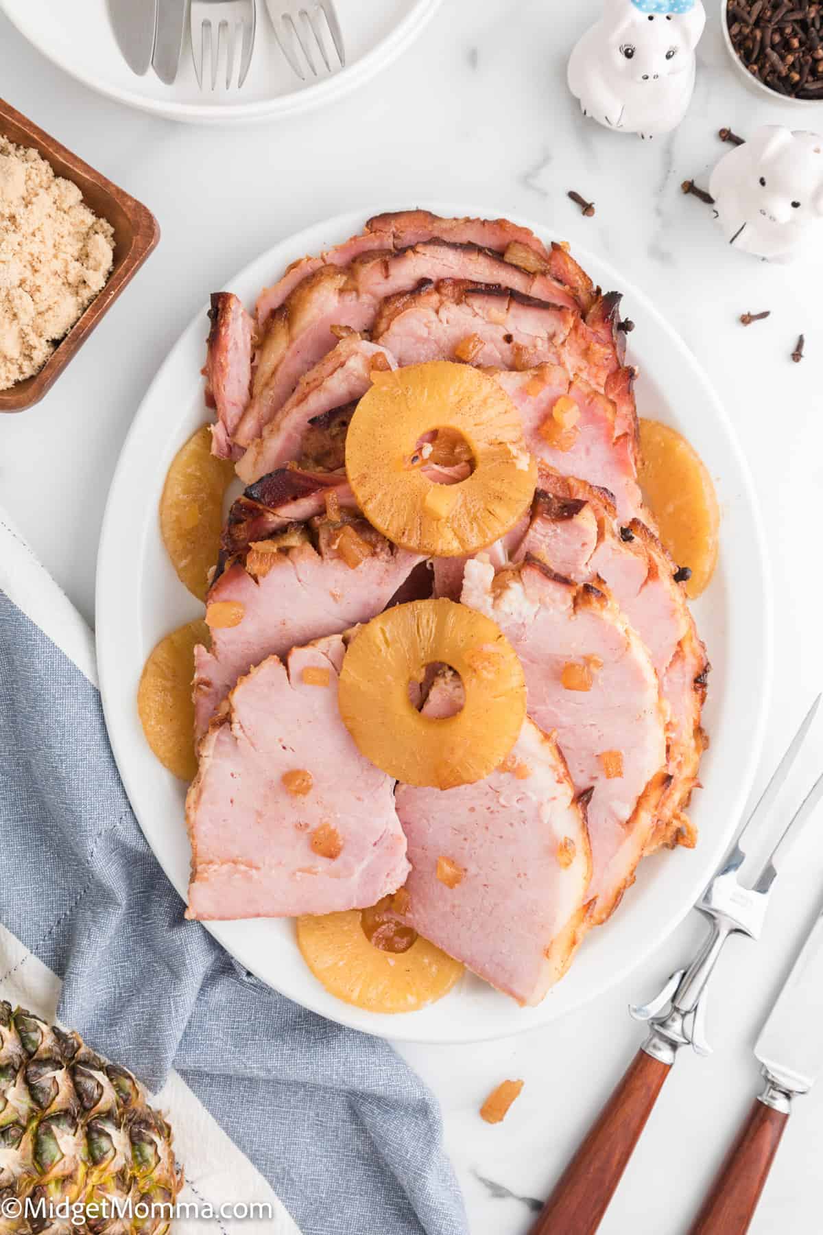 overhead photo of Baked Ham with Pineapple and Brown Sugar Glaze on a serving platter