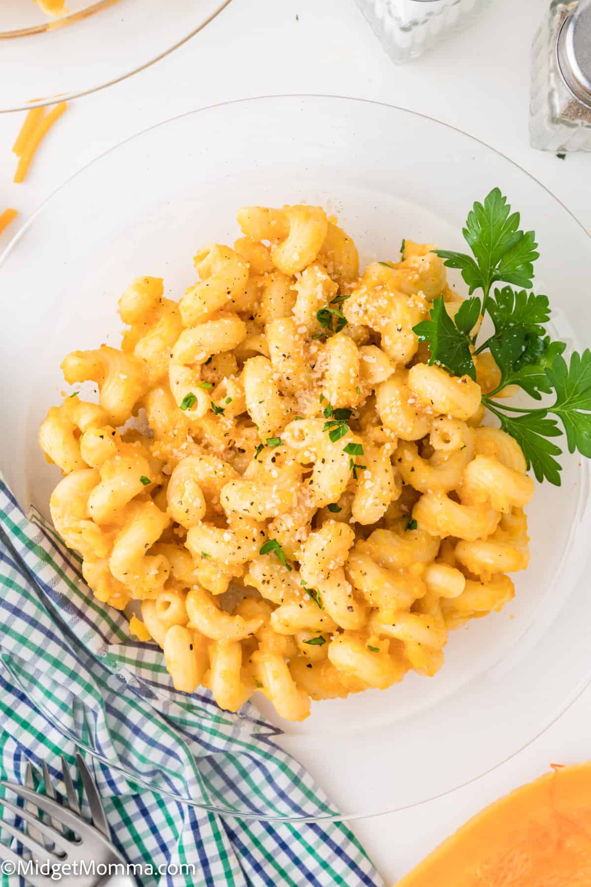 overhead photo of Butternut Squash Pasta in a bowl