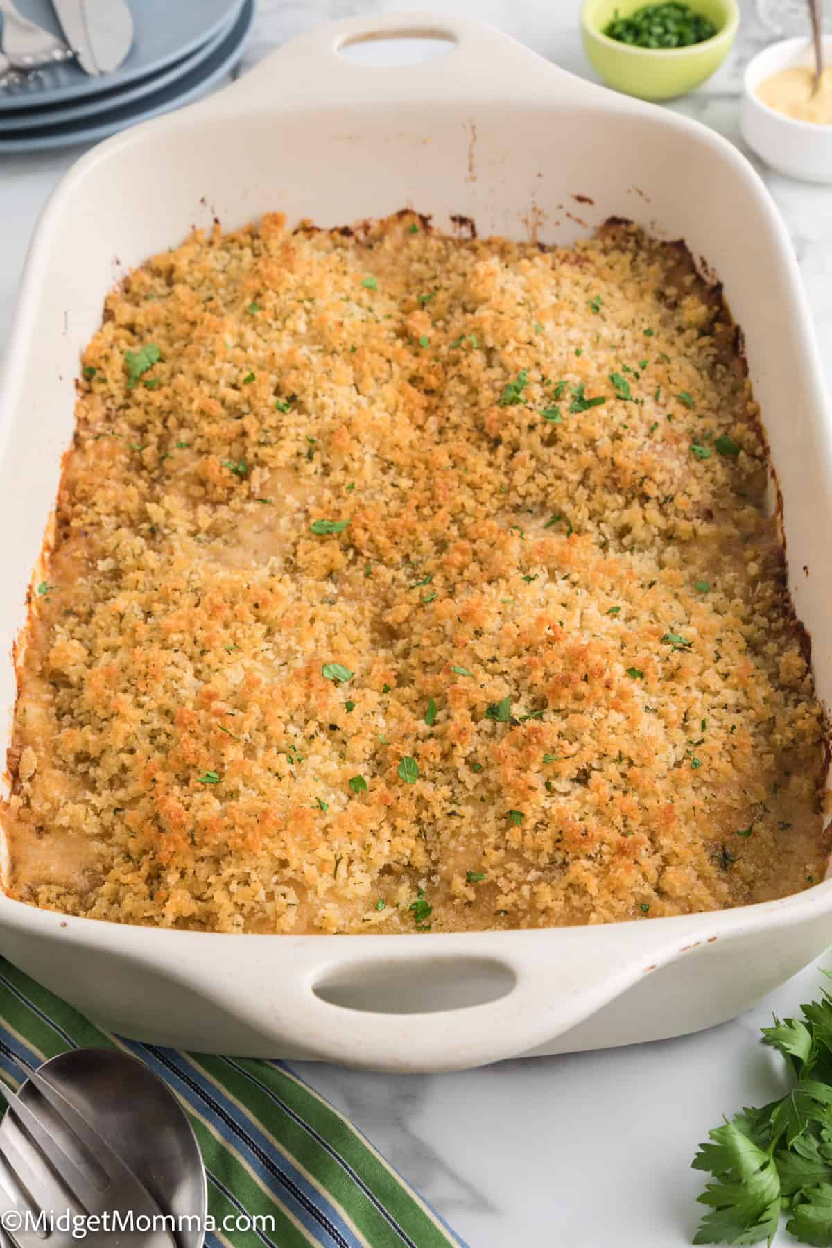 Chicken Cordon Bleu Casserole in a casserole dish