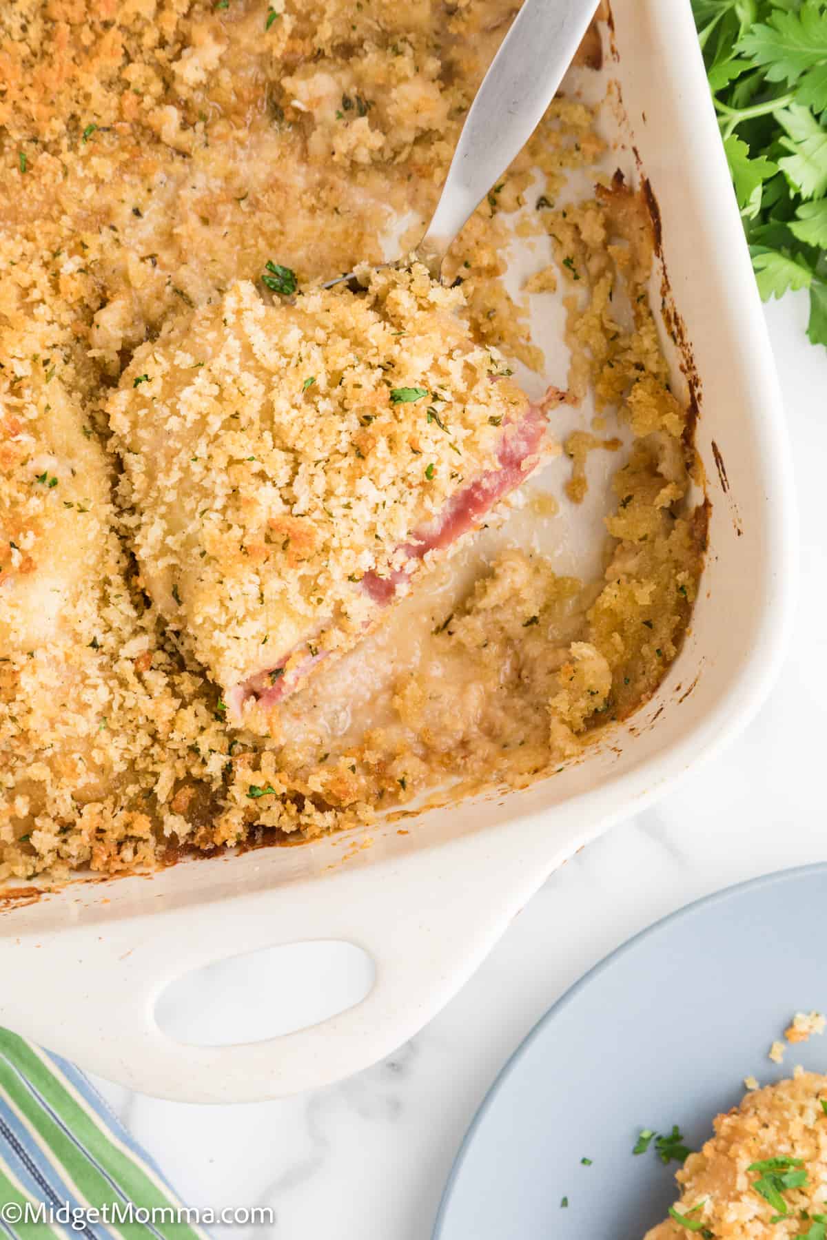 overhead photo of Chicken Cordon Bleu Casserole in a casserole dish