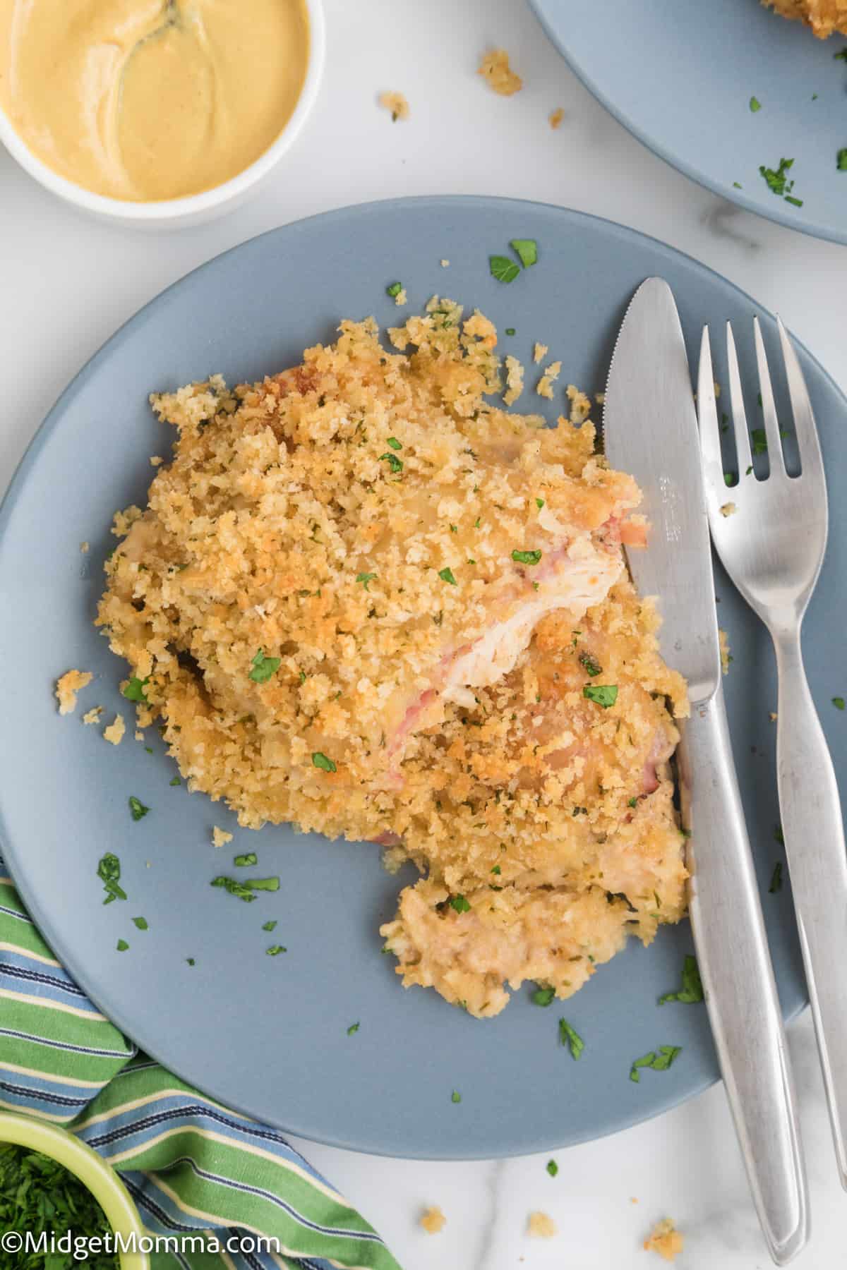 overhead photo of Chicken Cordon Bleu Casserole serving on a plate