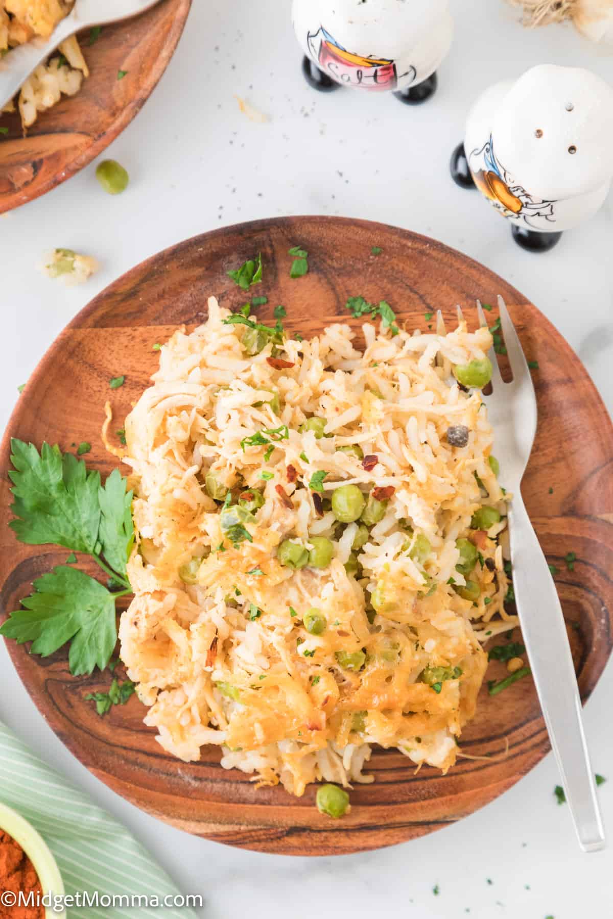 overhead photo of Chicken and Rice Casserole on a plate