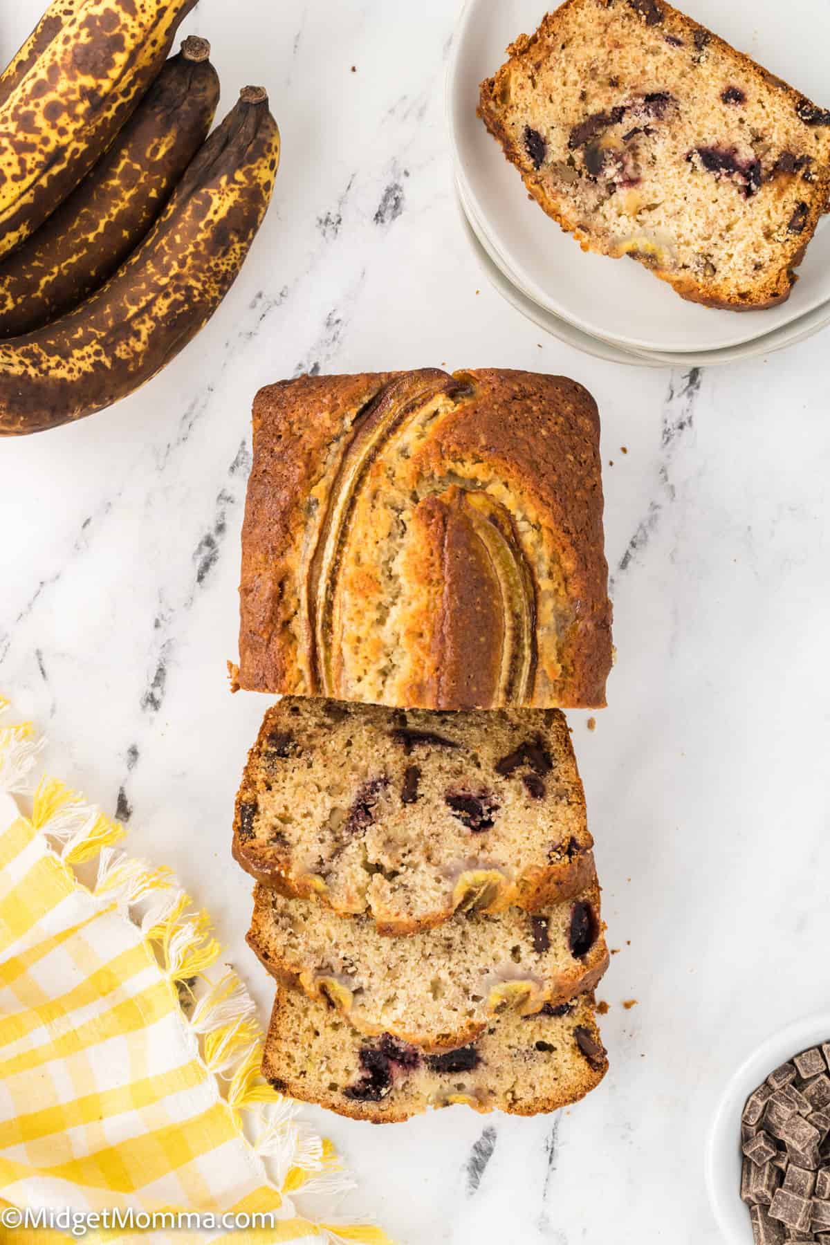 overhead photo of a loaf of Chocolate Cherry Banana Bread