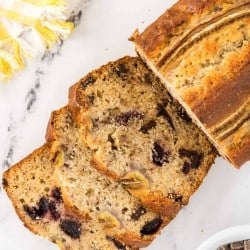 overhead photo of Chocolate Cherry Banana Bread sliced