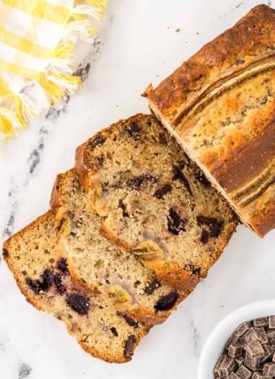 overhead photo of Chocolate Cherry Banana Bread sliced