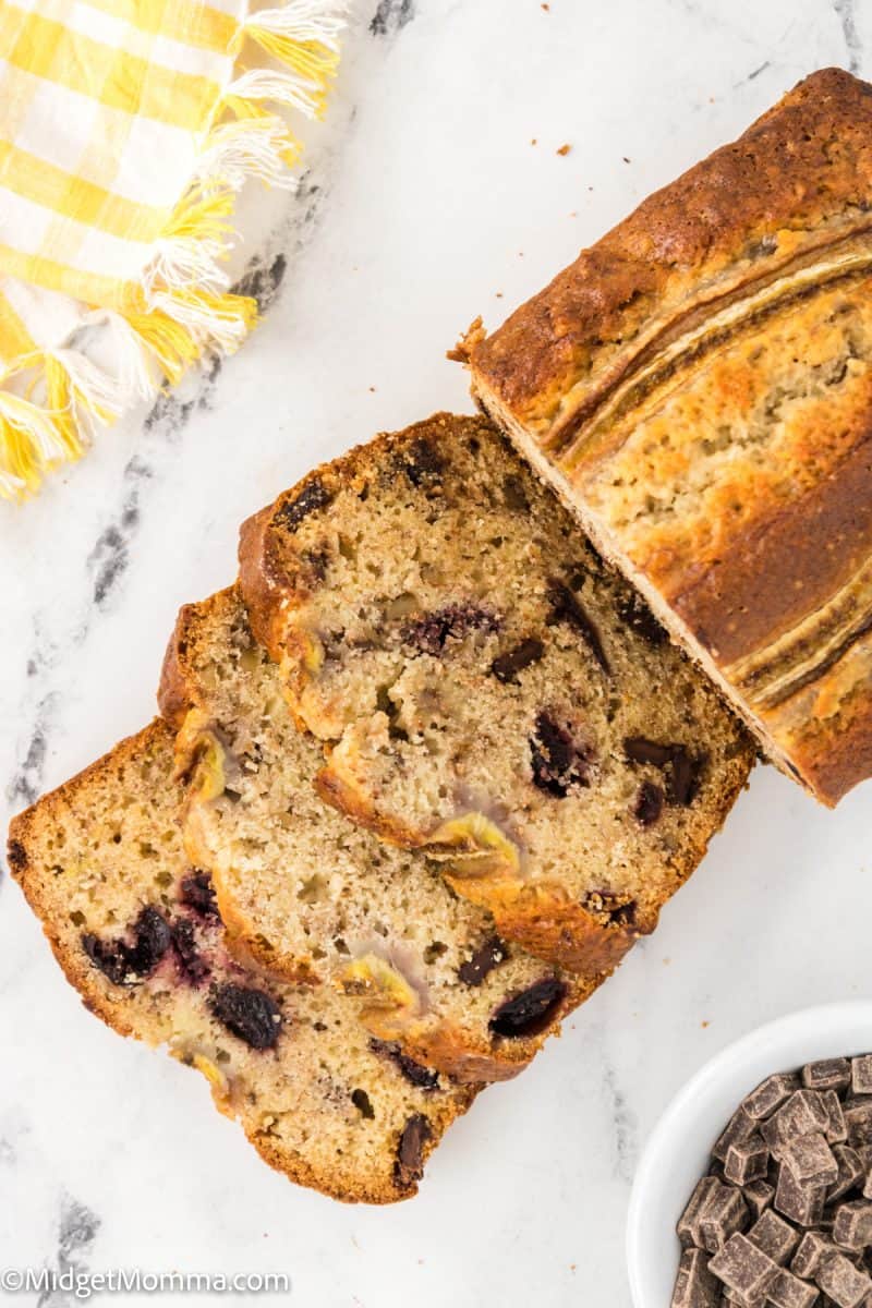 overhead photo of Chocolate Cherry Banana Bread sliced