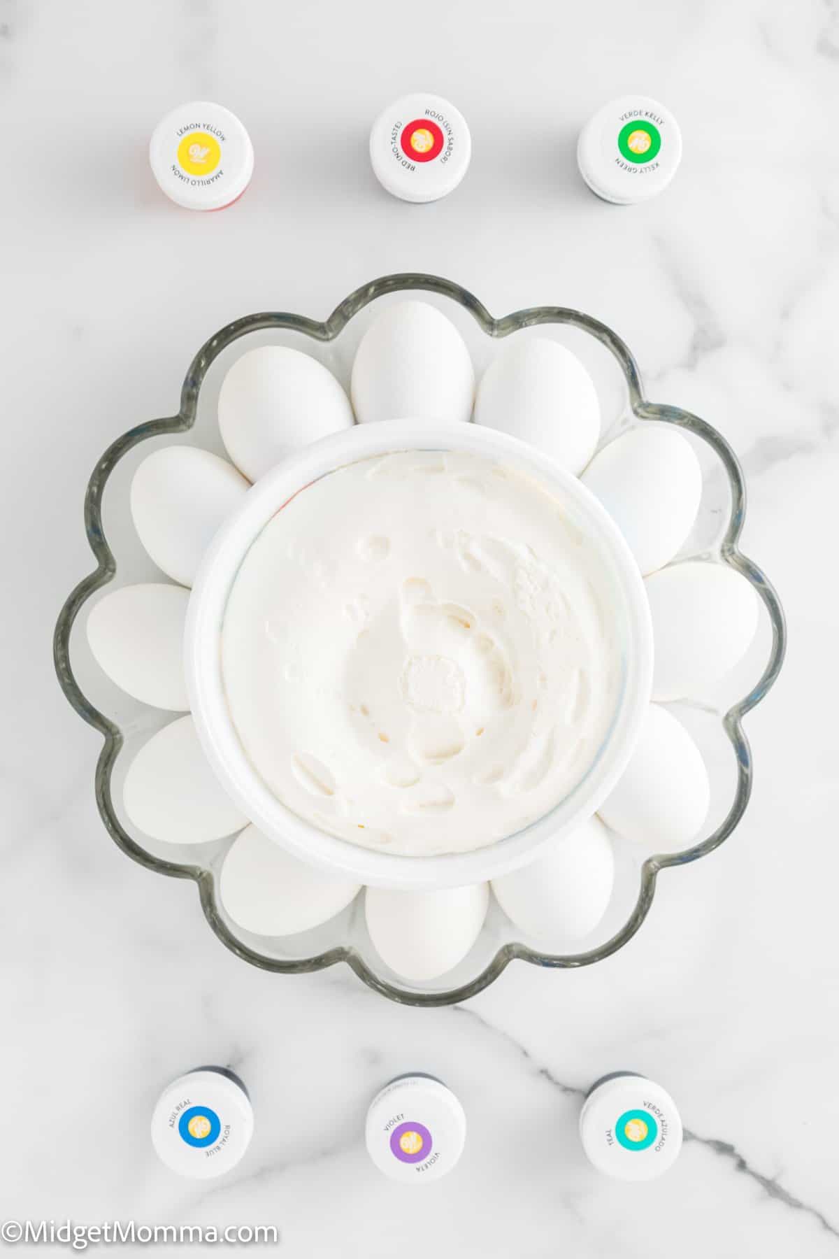 Cool Whip Dyed Easter Eggs ingredients - hard boiled eggs, cool whip and food coloring