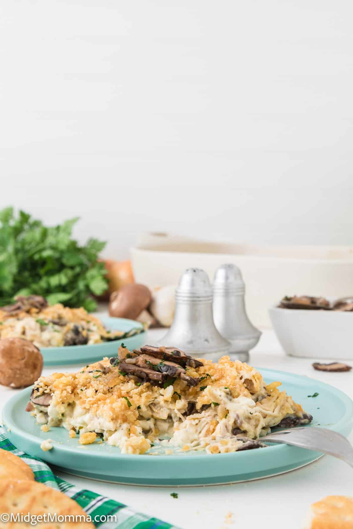 side view of Creamy Million Dollar Chicken Casserole on a plate