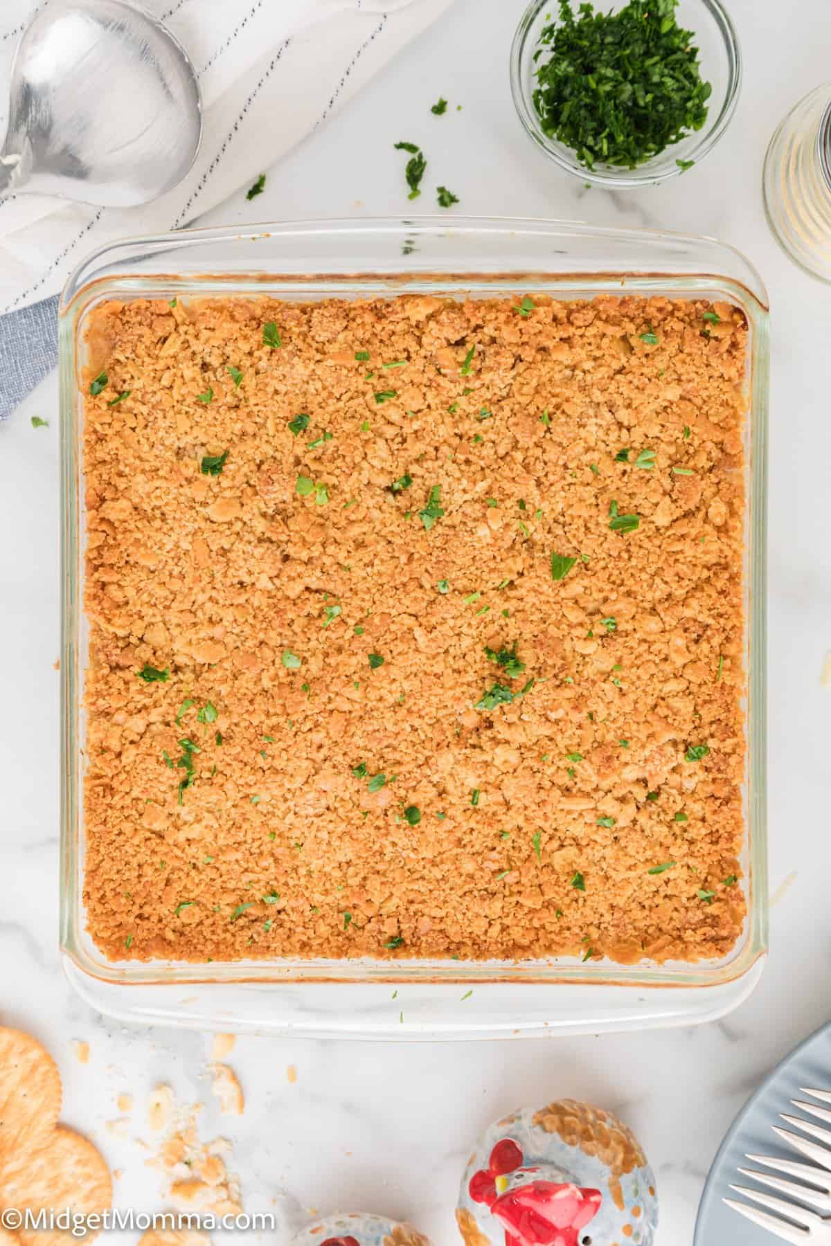 overhead photo of  Ritz Cracker Chicken Casserole in a casserole dish