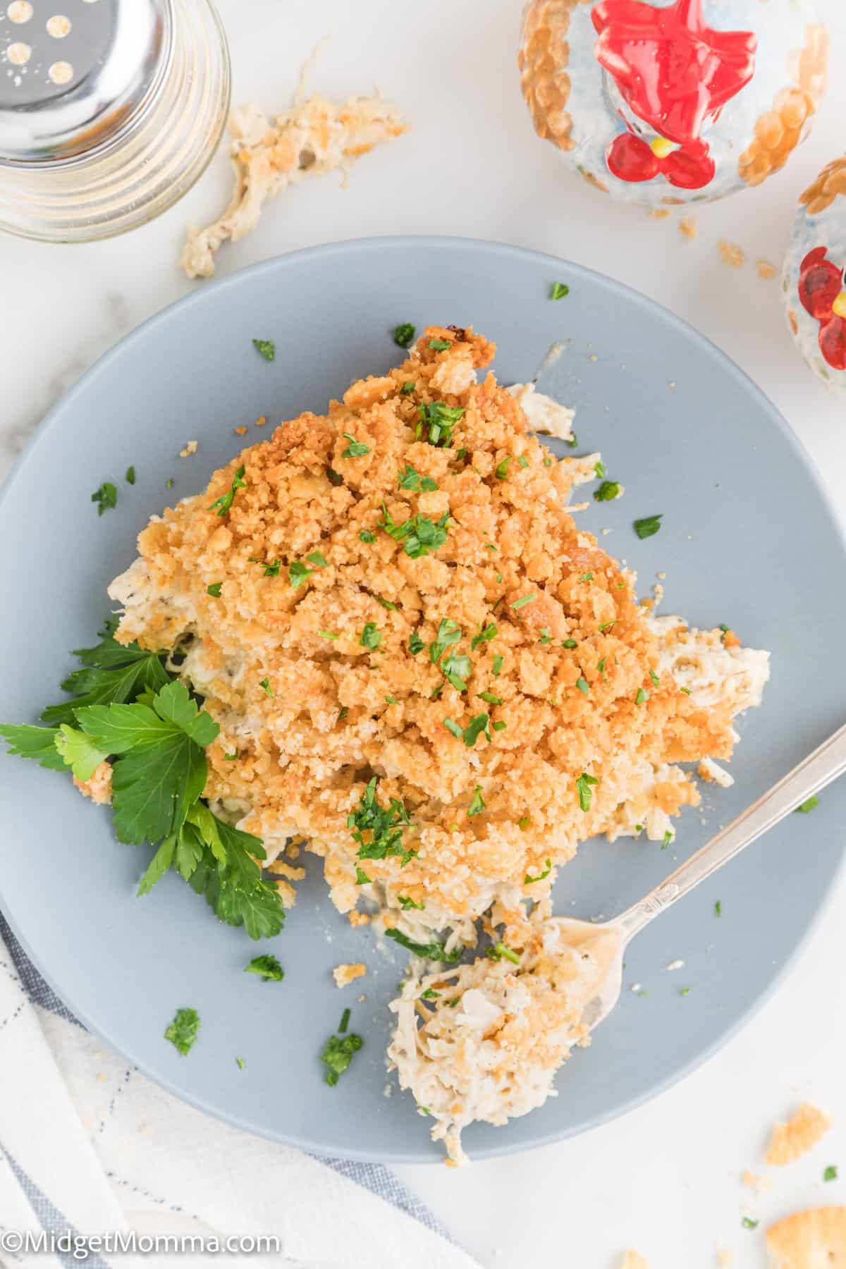 overhead photo of  Ritz Cracker Chicken Casserole 