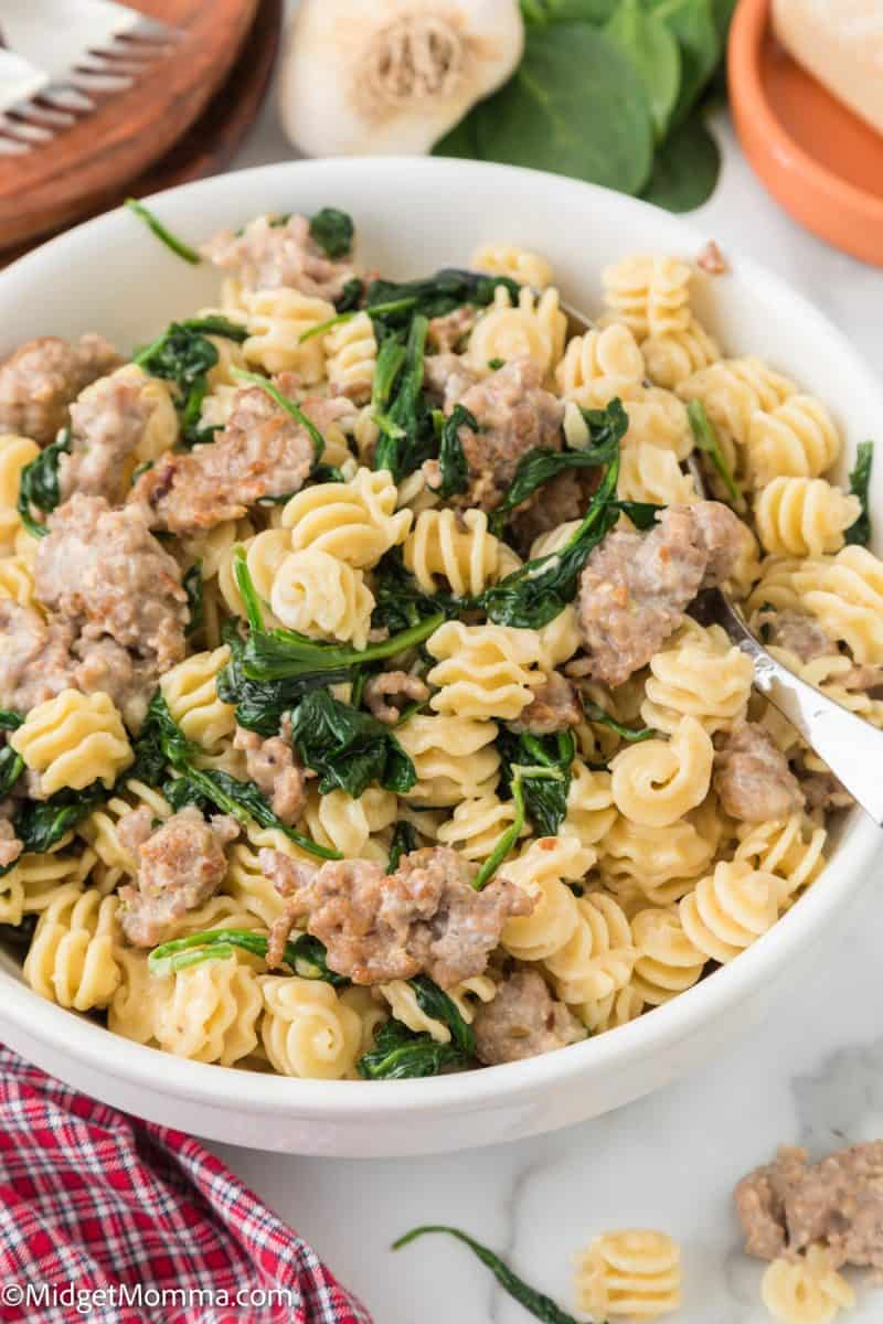Creamy Spinach Sausage Pasta in a bowl