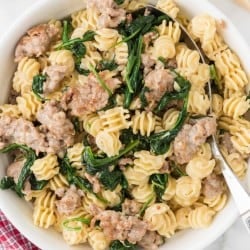 overhead photo of Creamy Spinach Sausage Pasta in a white bowl
