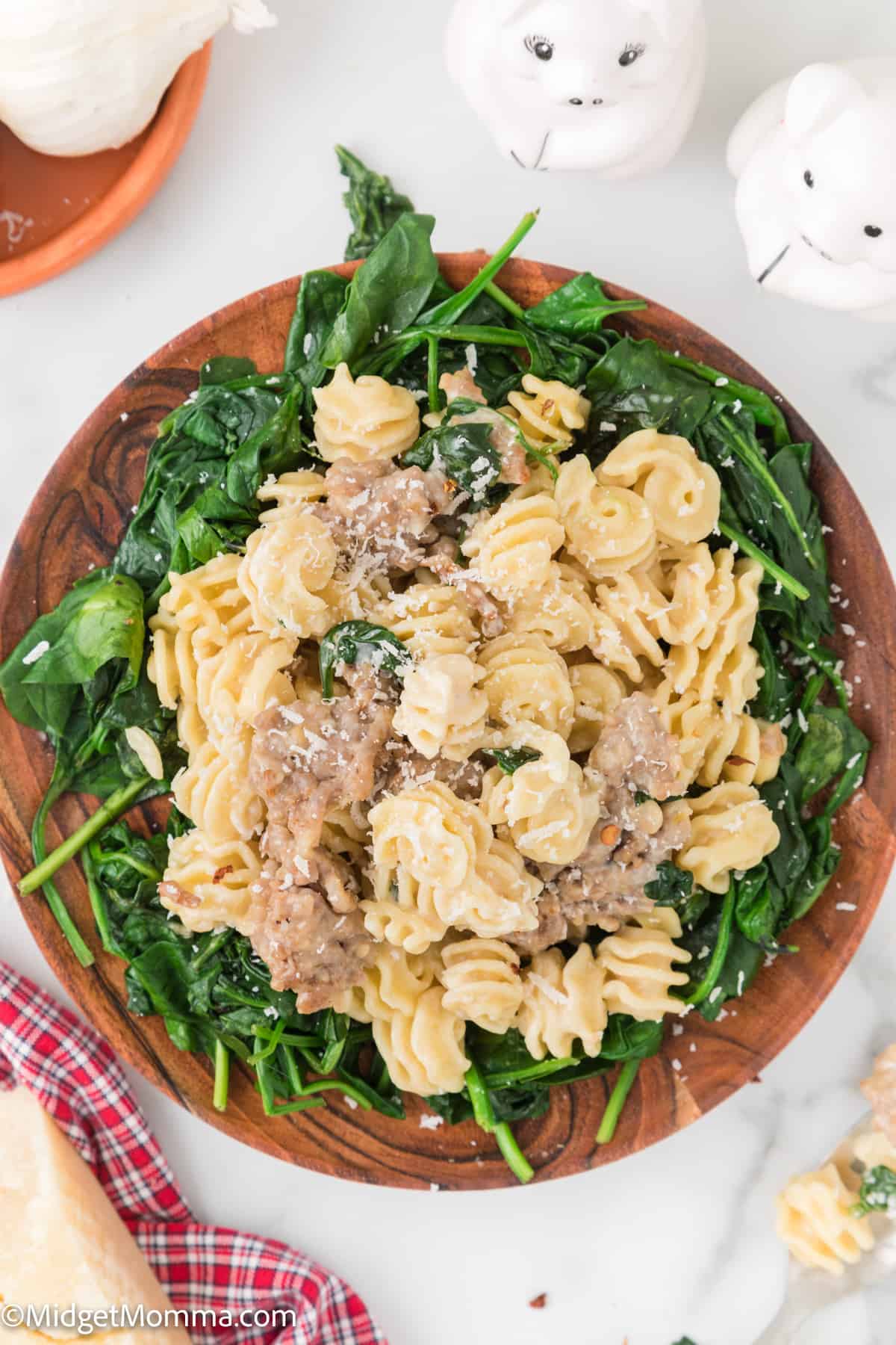 overhead photo of Creamy Spinach Sausage Pasta on a plate