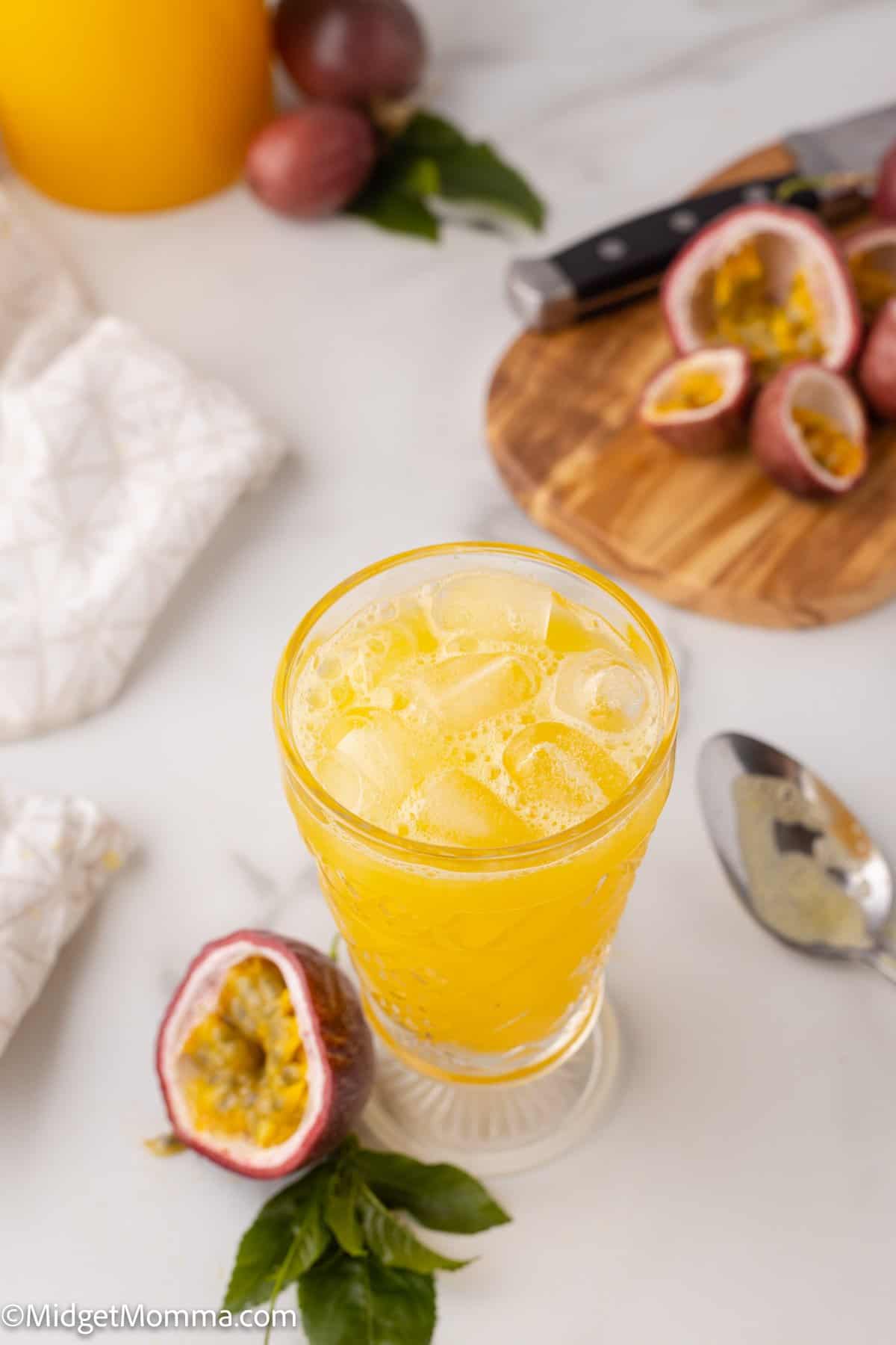 overhead photo of a glass of Passion Fruit Juice
