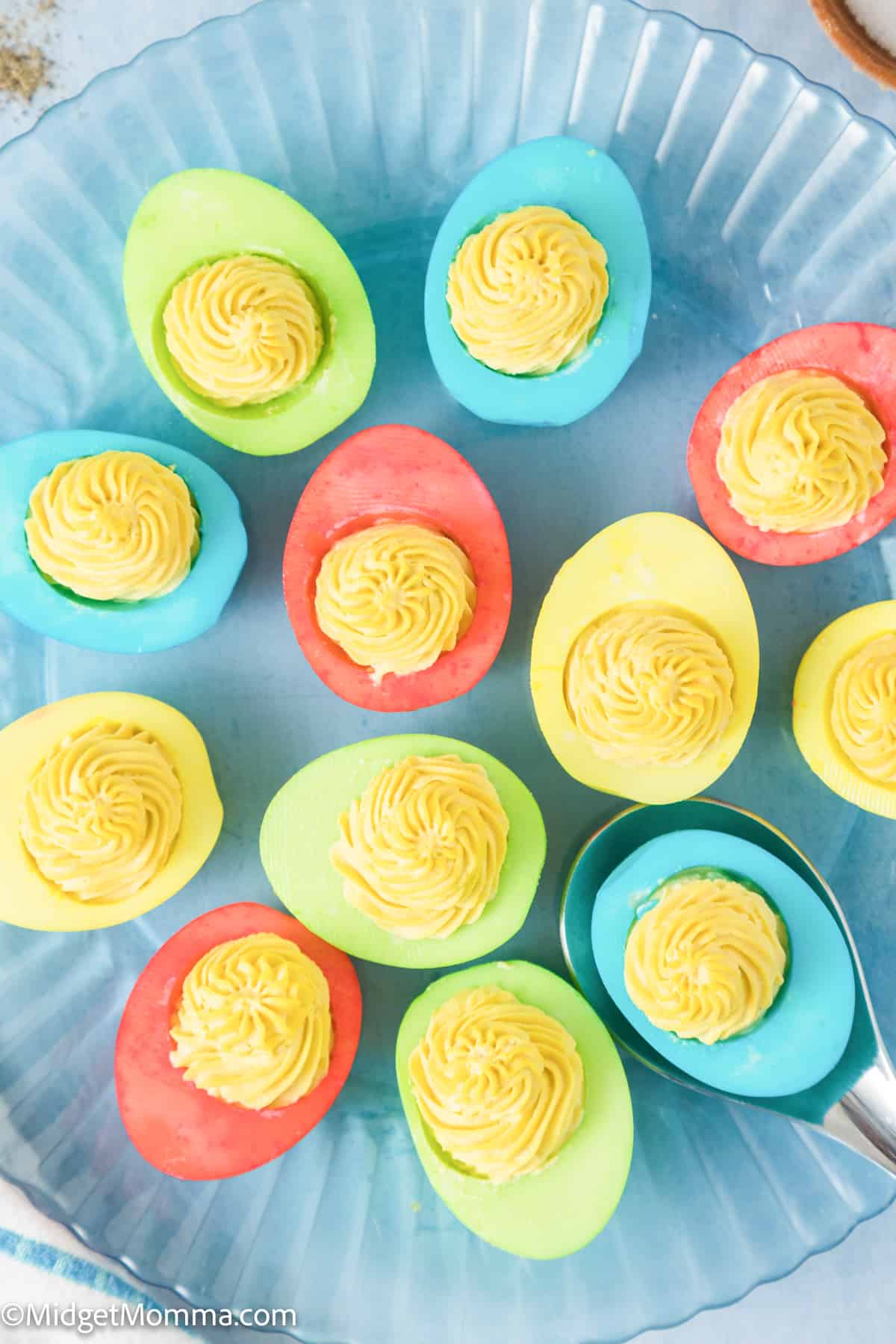 Pastel Colored deviled eggs on a plate