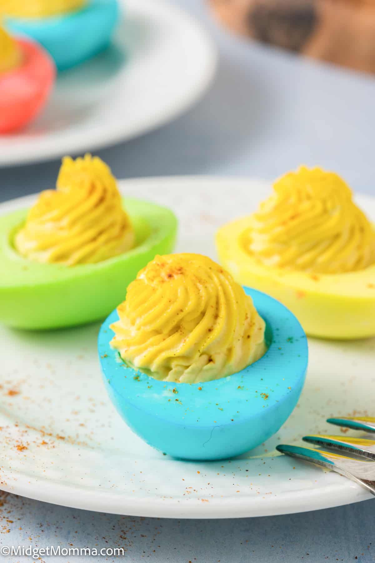 front view of Easter deviled eggs on a plate