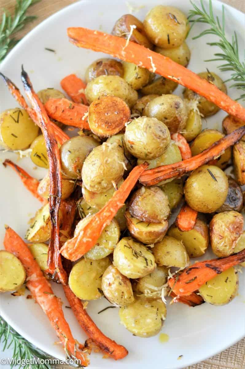 overhead photo of Roasted Rosemary Parmesan Carrots and Potatoes
