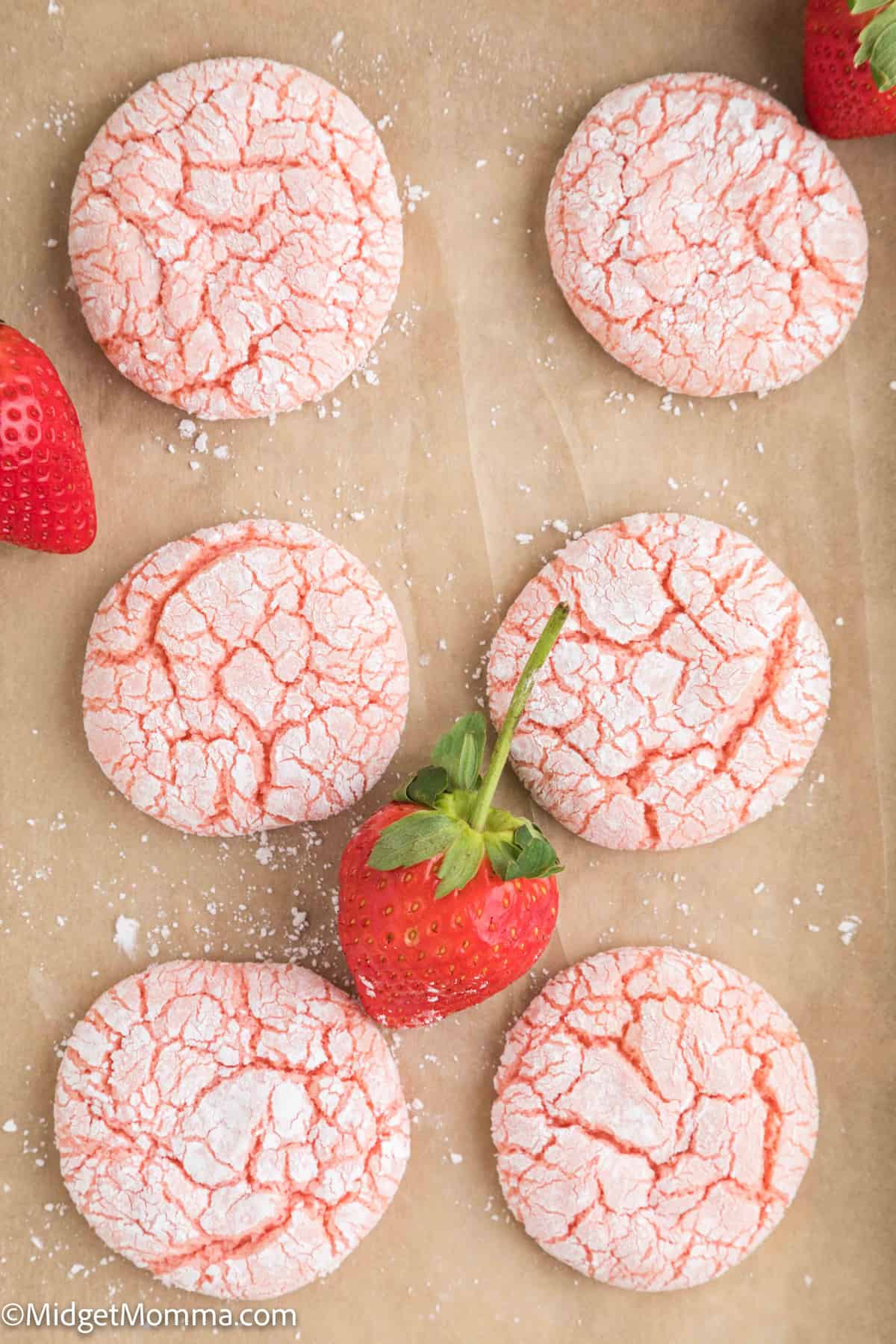 overhead photo of Strawberry Cake Mix Cookies on a baking sheet