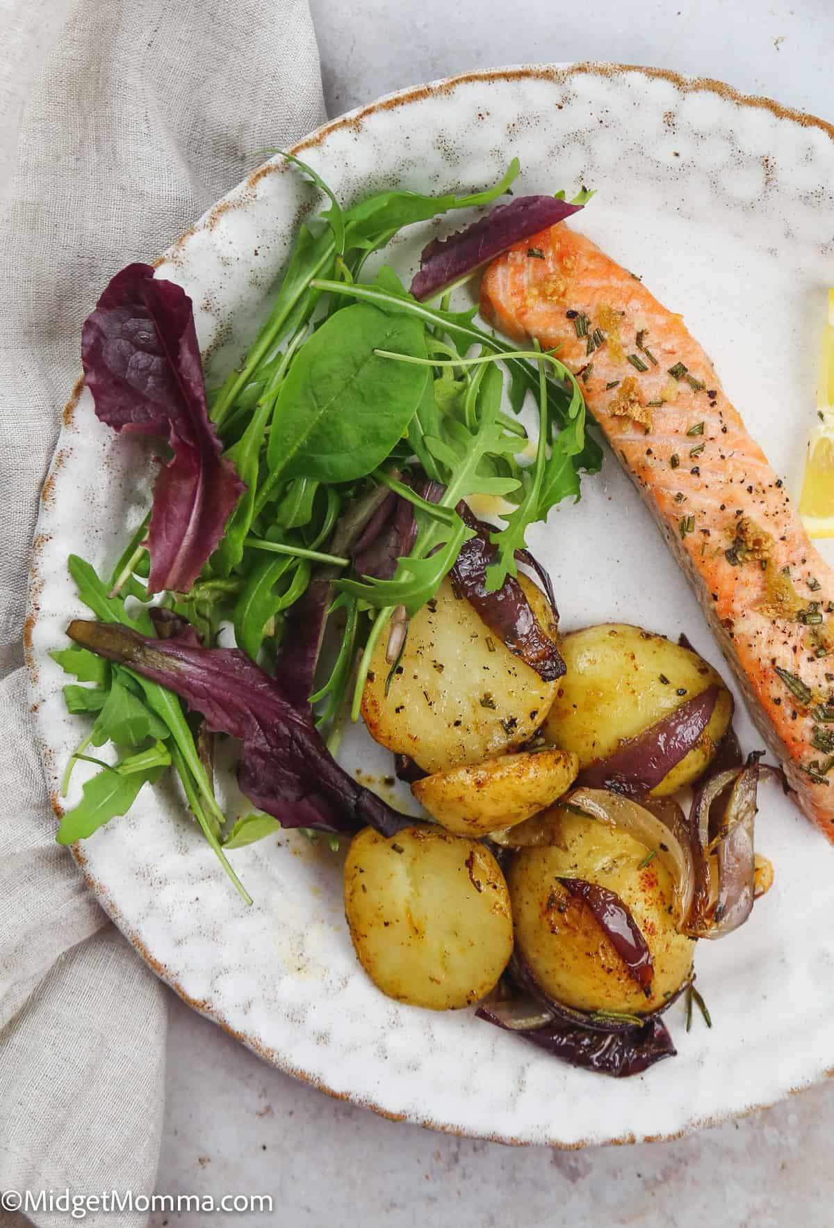 overhead photo of air fryer salmon on a plate 