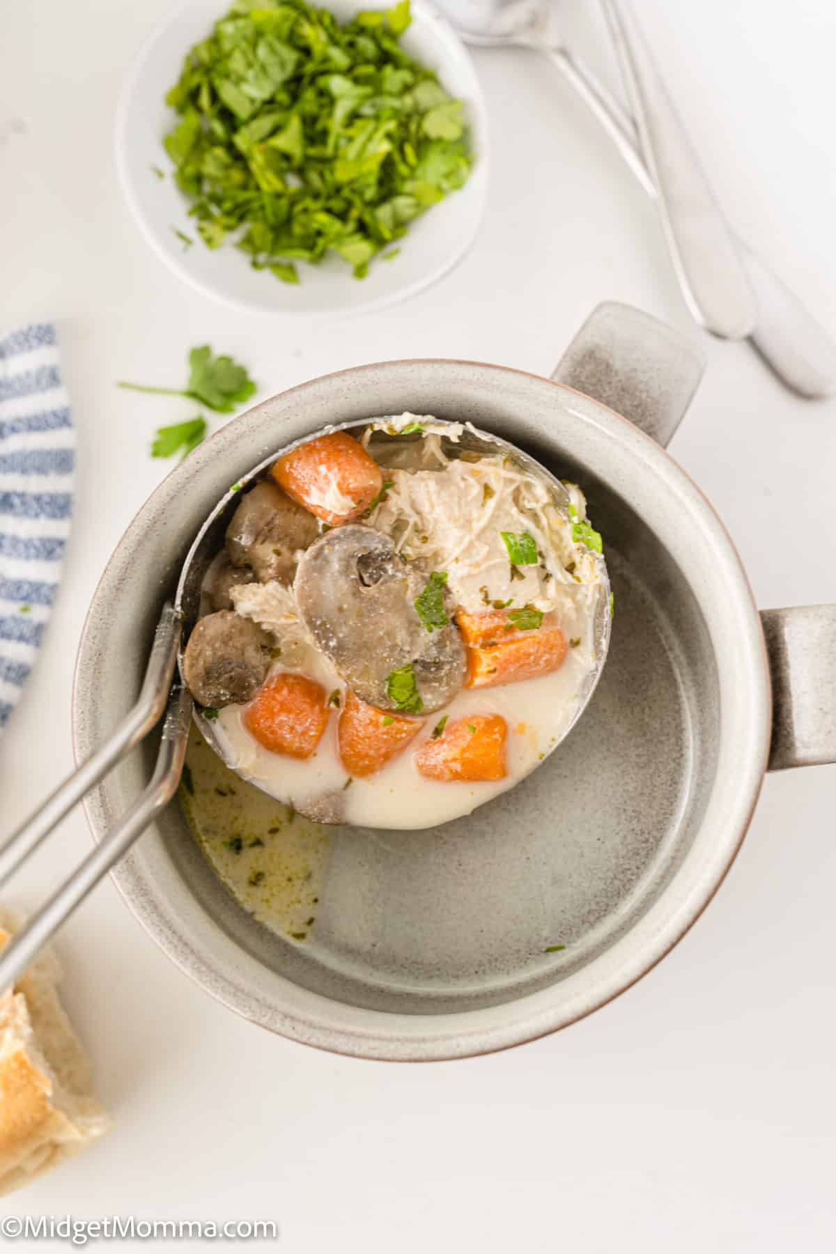 serving ladle pouring Creamy Chicken and Mushroom Soup into a soup bowl