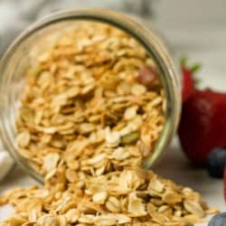 close up photo of a mason jar filled with homemade granola recipe