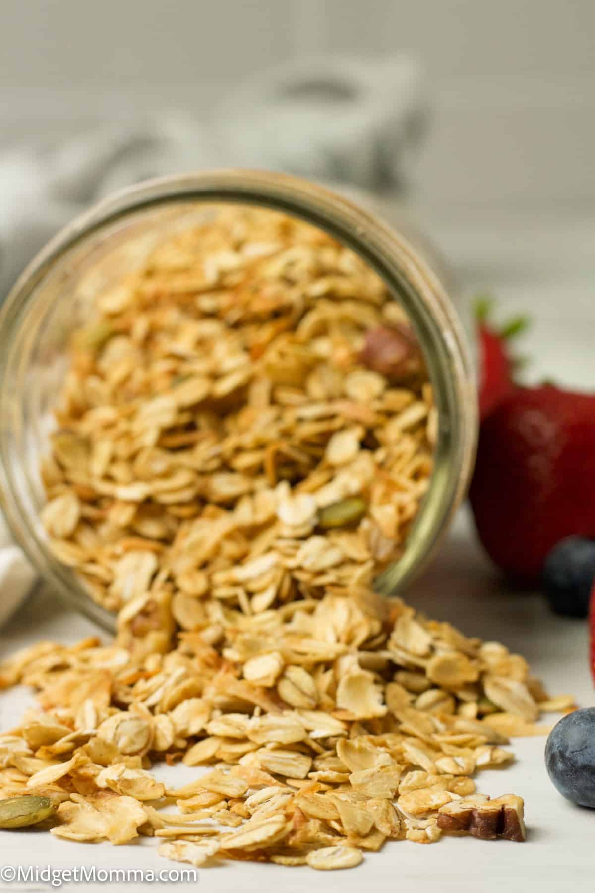 close up photo of a mason jar filled with homemade granola recipe