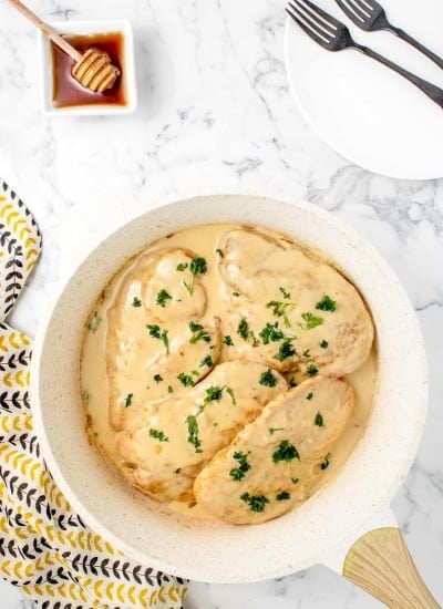 overhead photo of Honey Mustard Chicken in a skillet