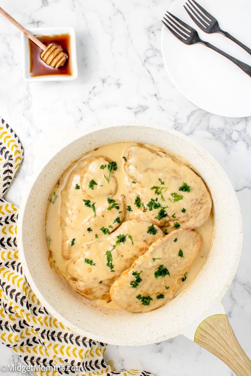 overhead photo of Honey Mustard Chicken in a skillet