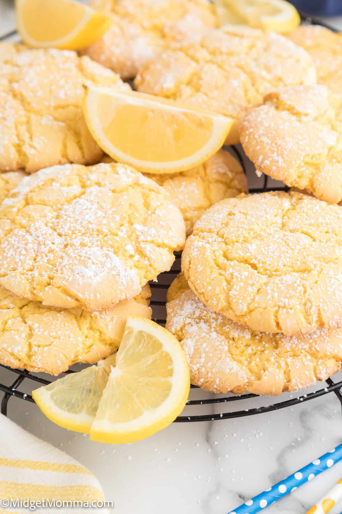 Lemon Cake Mix Cookies on a cooling rack