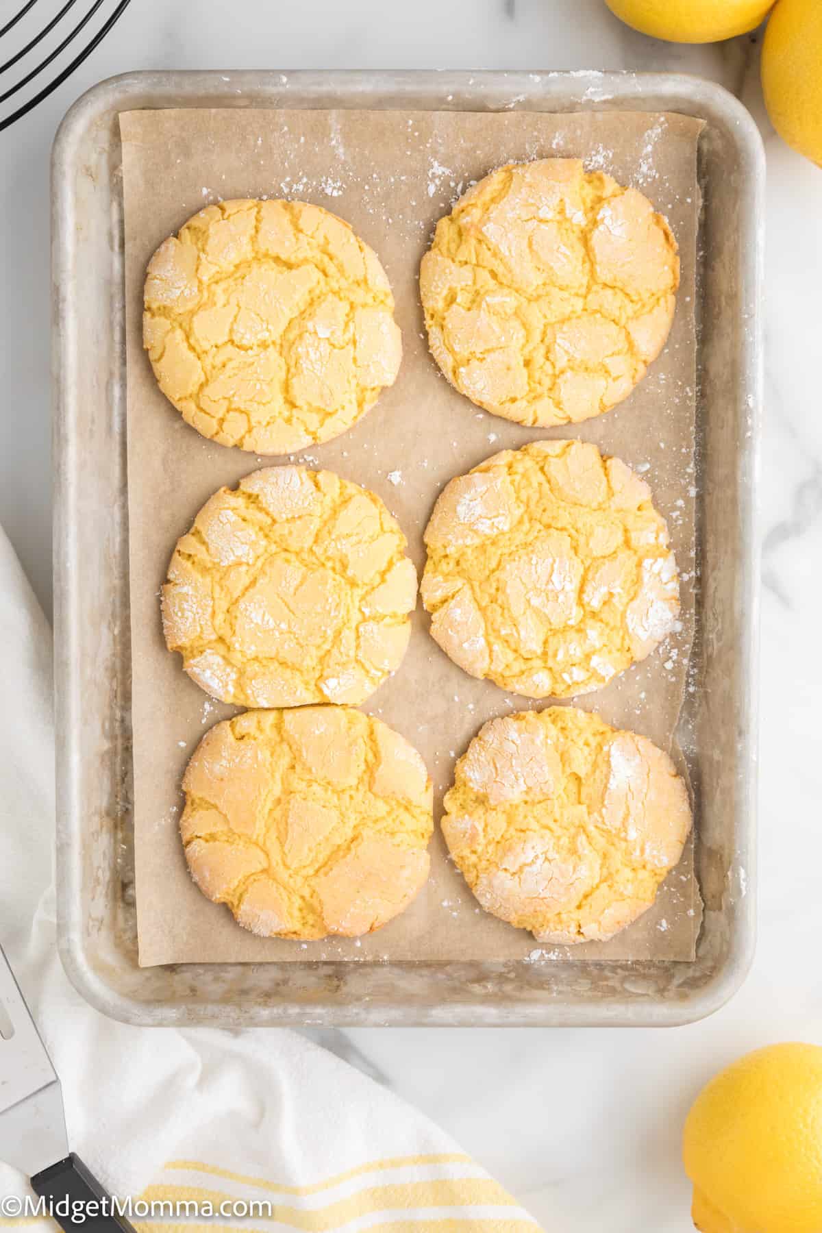 over head photo of Lemon Cake Mix Cookies on a baking sheet