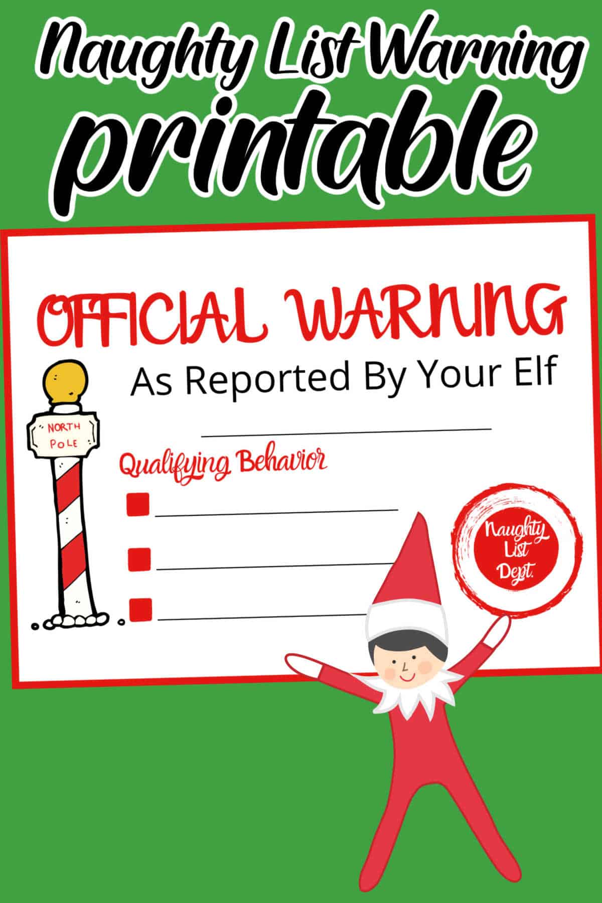 Elf on the Shelf Naughty List Warning Printable