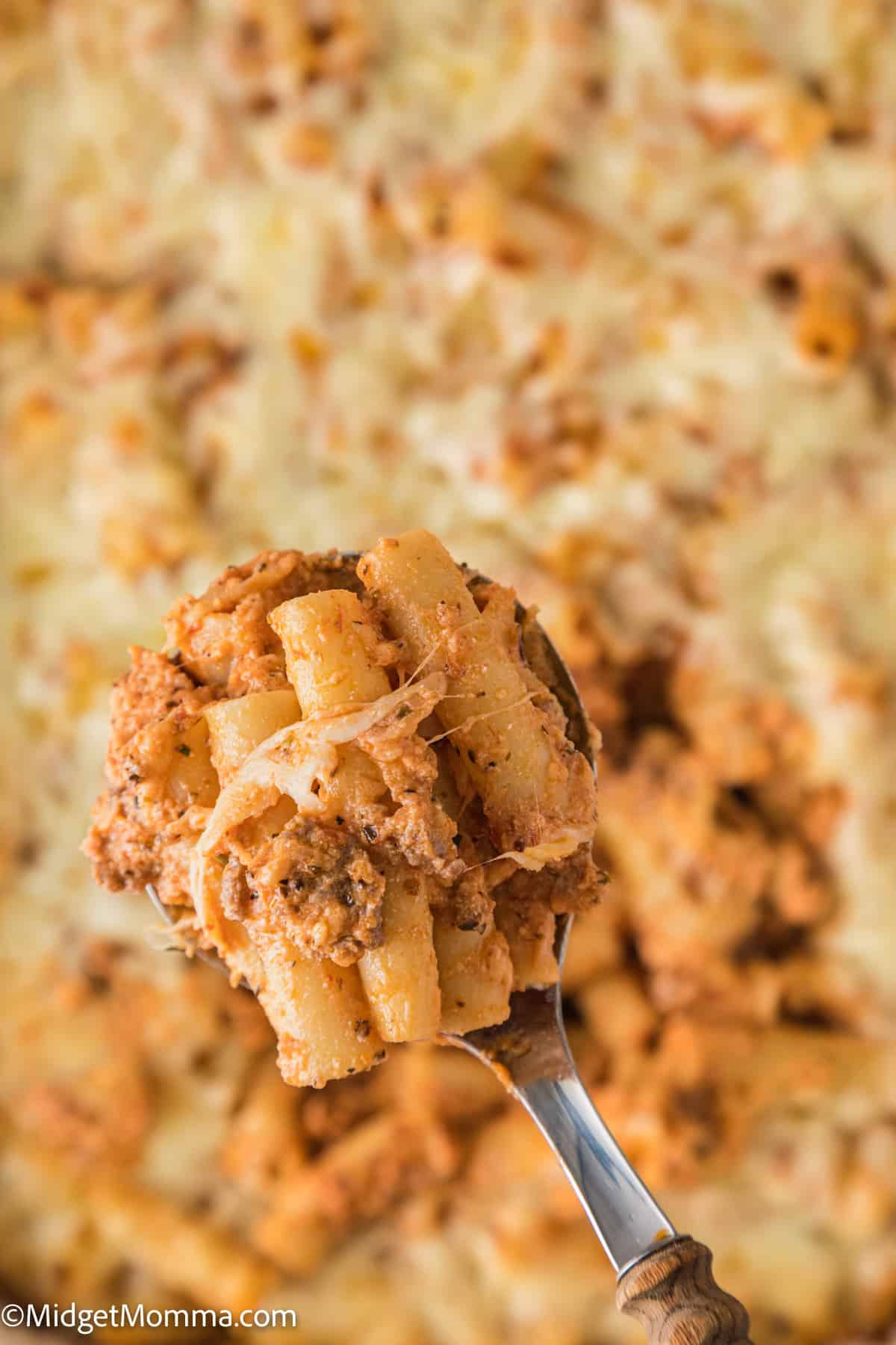 close up of a spoonful of Baked Ziti with Ground Beef