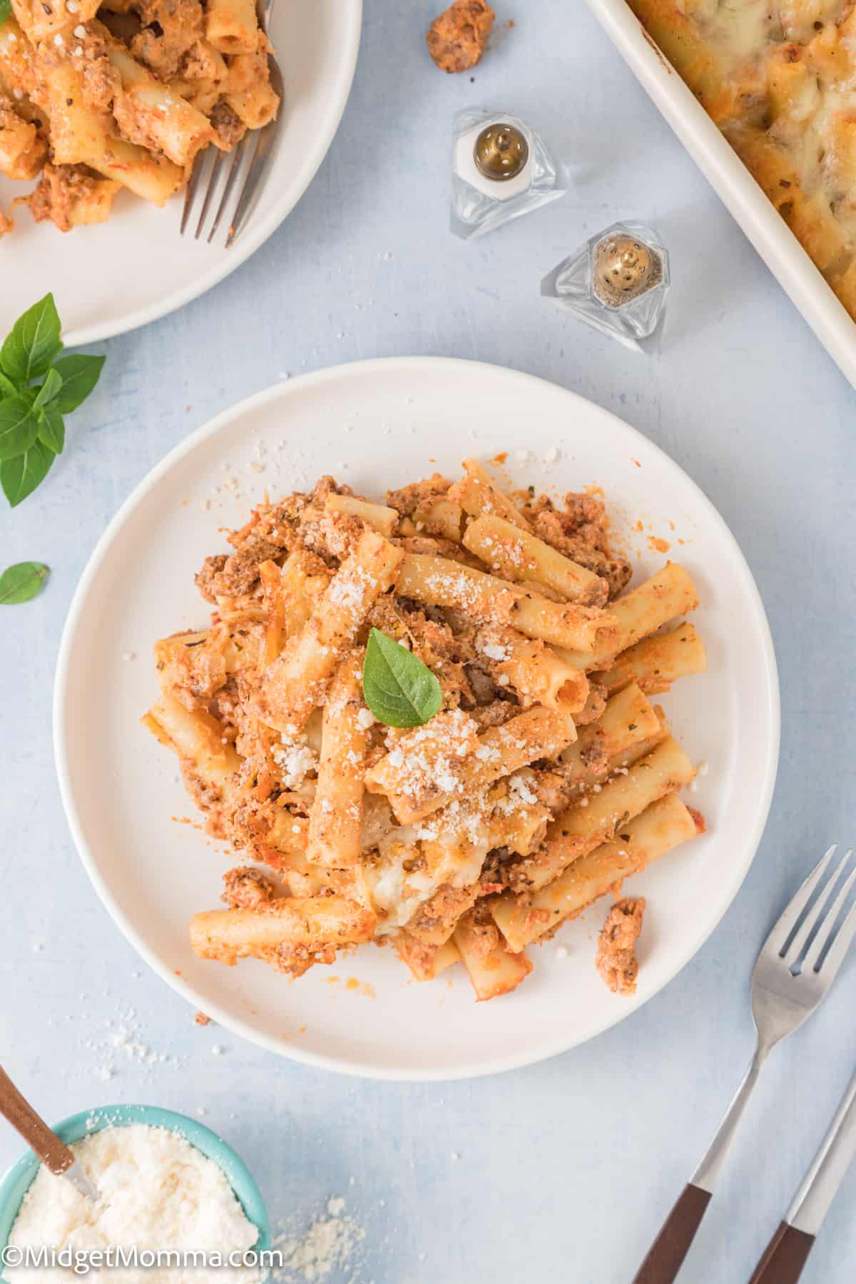 overhead photo of a plate of Baked Ziti with Ground Beef