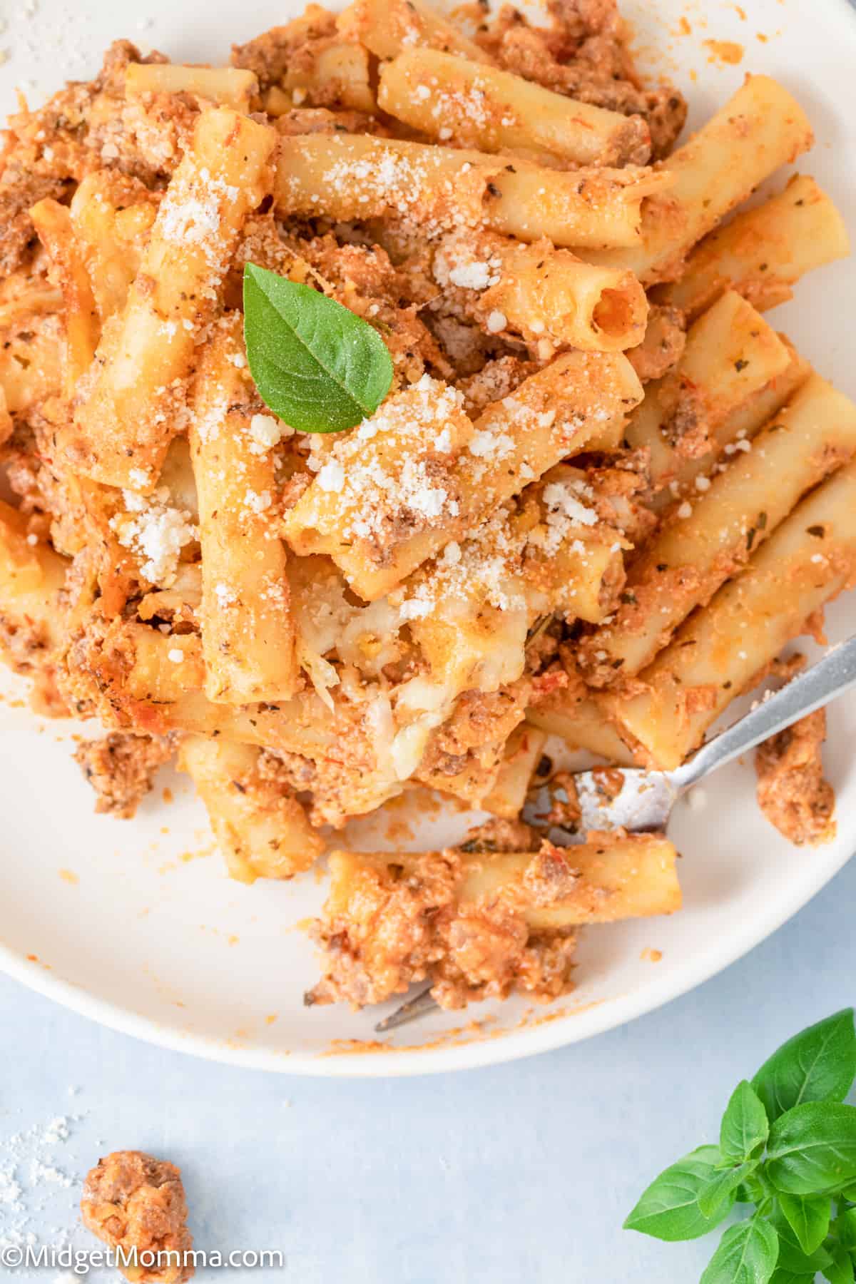 overhead photo of Baked Ziti with Ground Beef on a plate