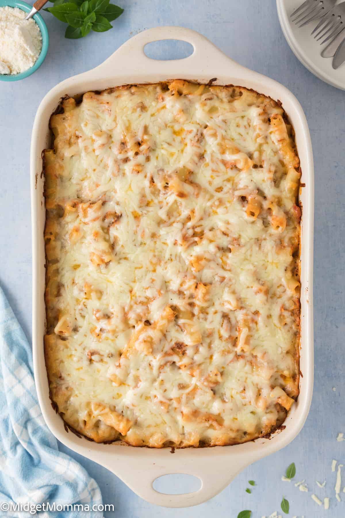 overhead photo of Baked Ziti with Ground Beef in a casserole dish