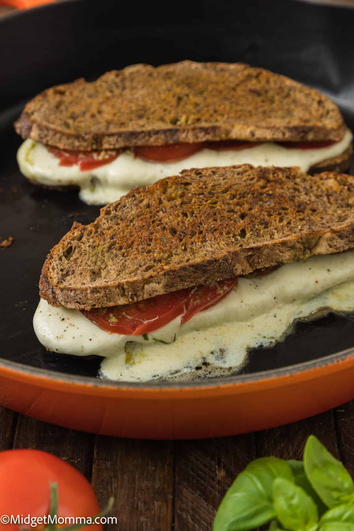 Caprese Grilled Cheese Sandwich Recipe in a skillet 