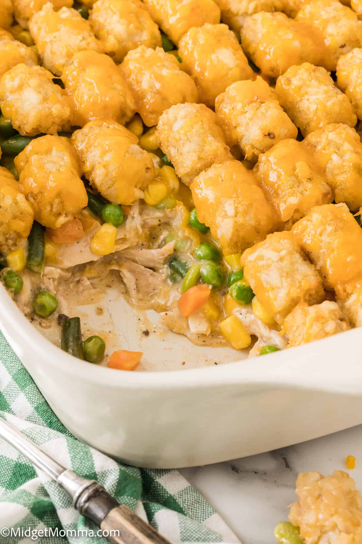 close up photo of Cheesy Chicken Tater Tot Casserole Recipe in a casserole dish