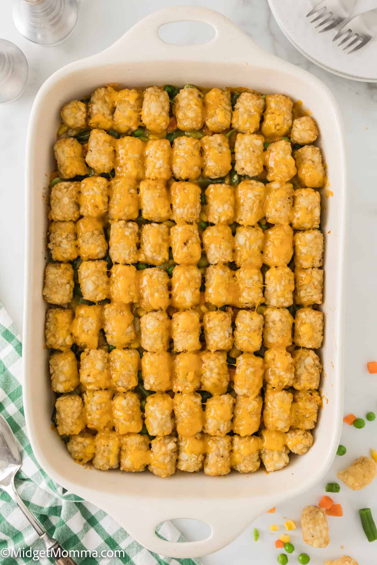 overhead photo of Cheesy Chicken Tater Tot Casserole Recipe