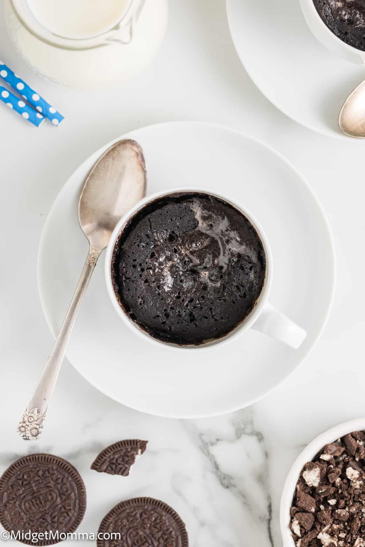 overhead photo of Oreo cookie mug cake without any toppings.