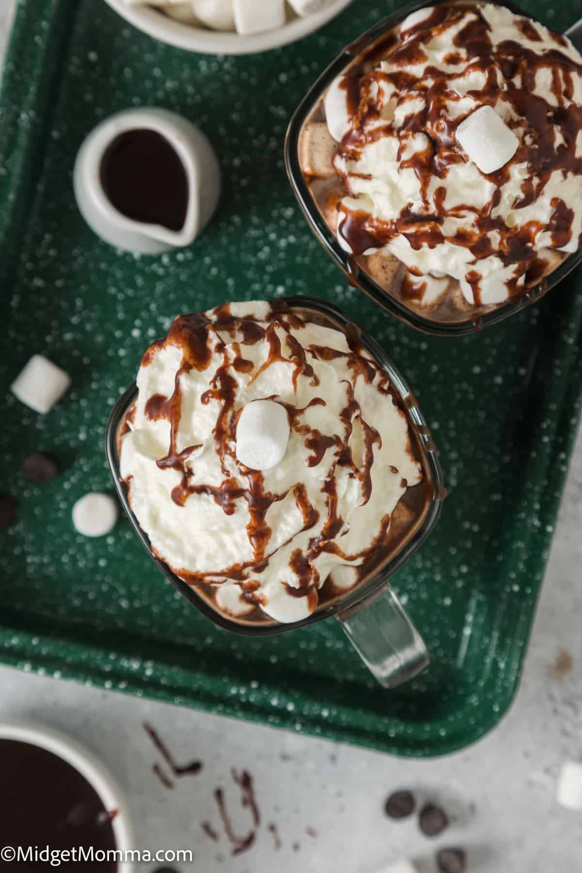 2 cups of Boozy Hot Chocolate on a tray