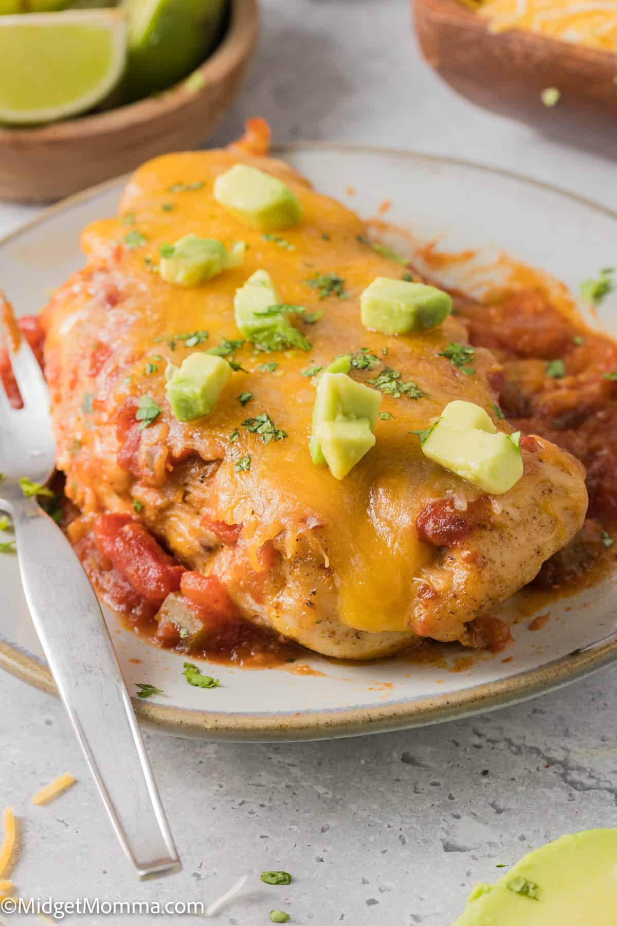 single piece of Cheesy Baked Salsa Chicken on a plate 